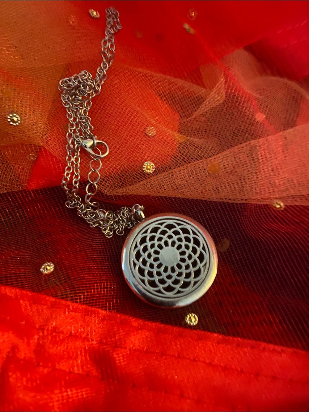 (BB7)Essential Oils Silver Tone Filigree Locket Pendant Necklace -